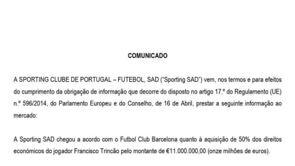 El comunicado del Sporting de Portugal sobre la compra del 50% de los derechos de Trincao