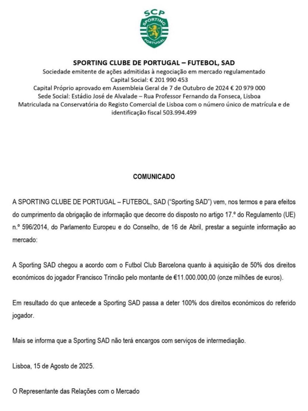 El comunicado del Sporting de Portugal sobre la compra del 50% de los derechos de Trincao