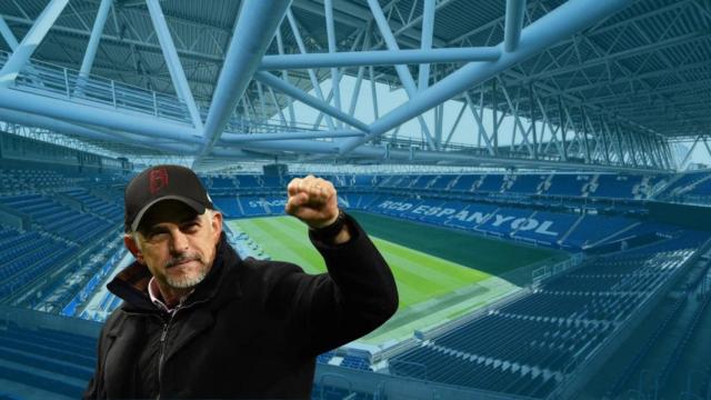 Montaje de Alan Pace, el nuevo propietario del Espanyol, y el estadio en Cornellà