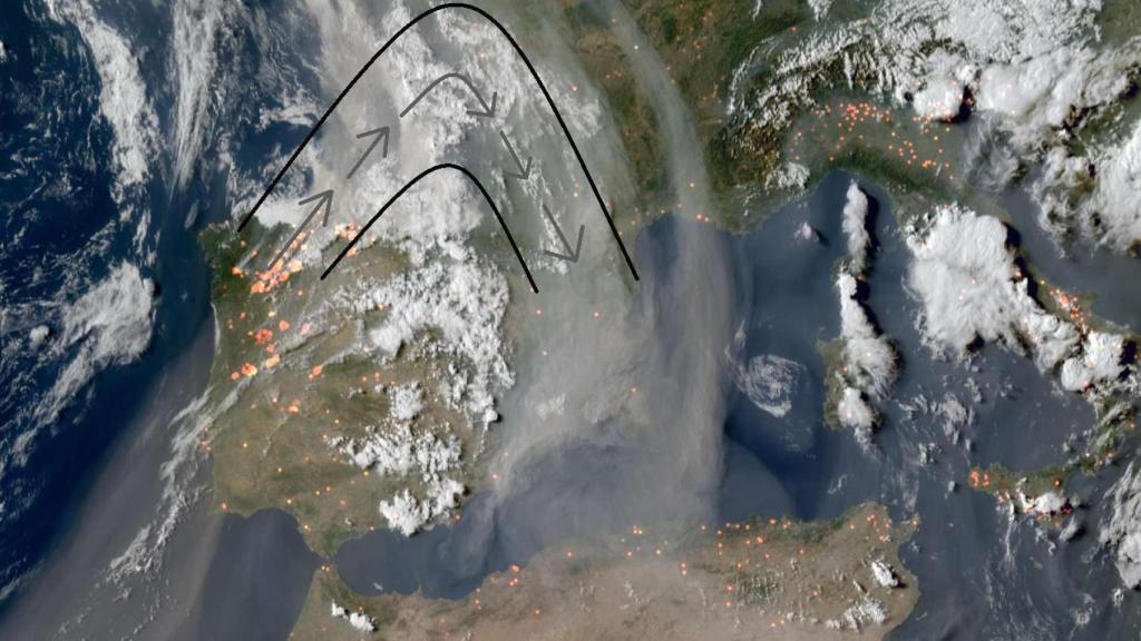 Vista satel·lital de la corrent d'aire transportant el fum