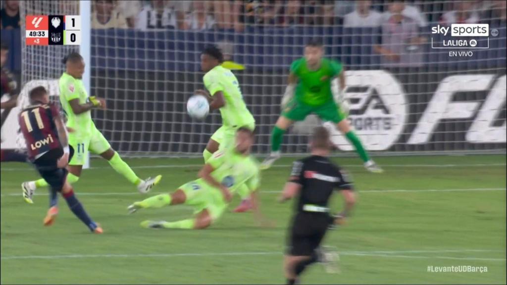 La mano de Alejandro Balde castigada con penalti durante el Levante-Barça