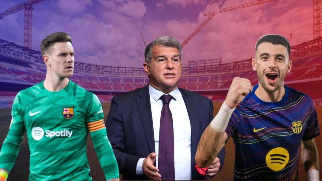 Ter Stegen, Joan Laporta y Joan García, en un fotomontaje con el nuevo Camp Nou de fondo