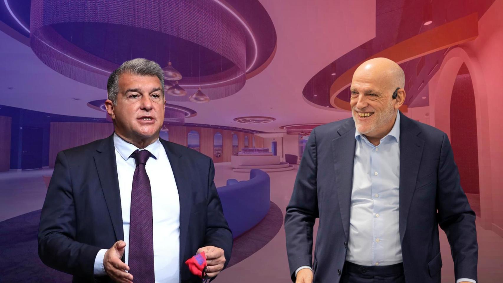 Joan Laporta y Javier Tebas, en un fotomontaje con la oficina comercial del Camp Nou de fondo