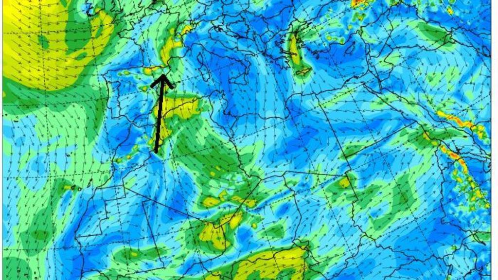Mapa de vientos que provocarán el ascenso del polvo sahariano hacia la península