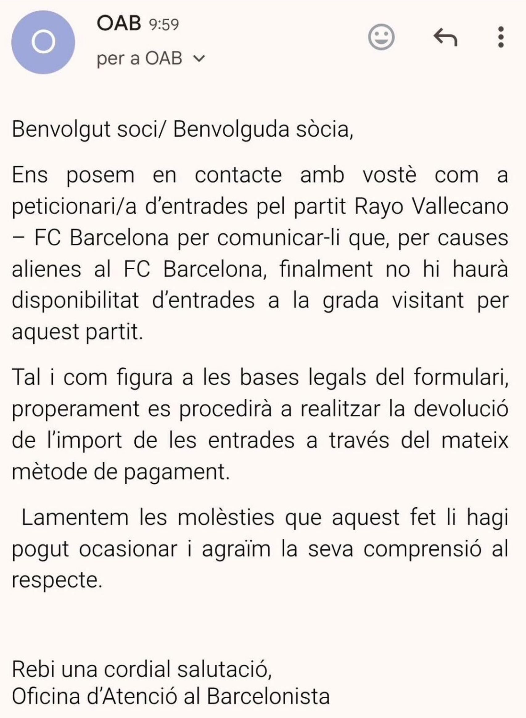 El Barça informa que devuelve el dinero de las entradas para el partido contra el Rayo de la jornada 3 de Liga