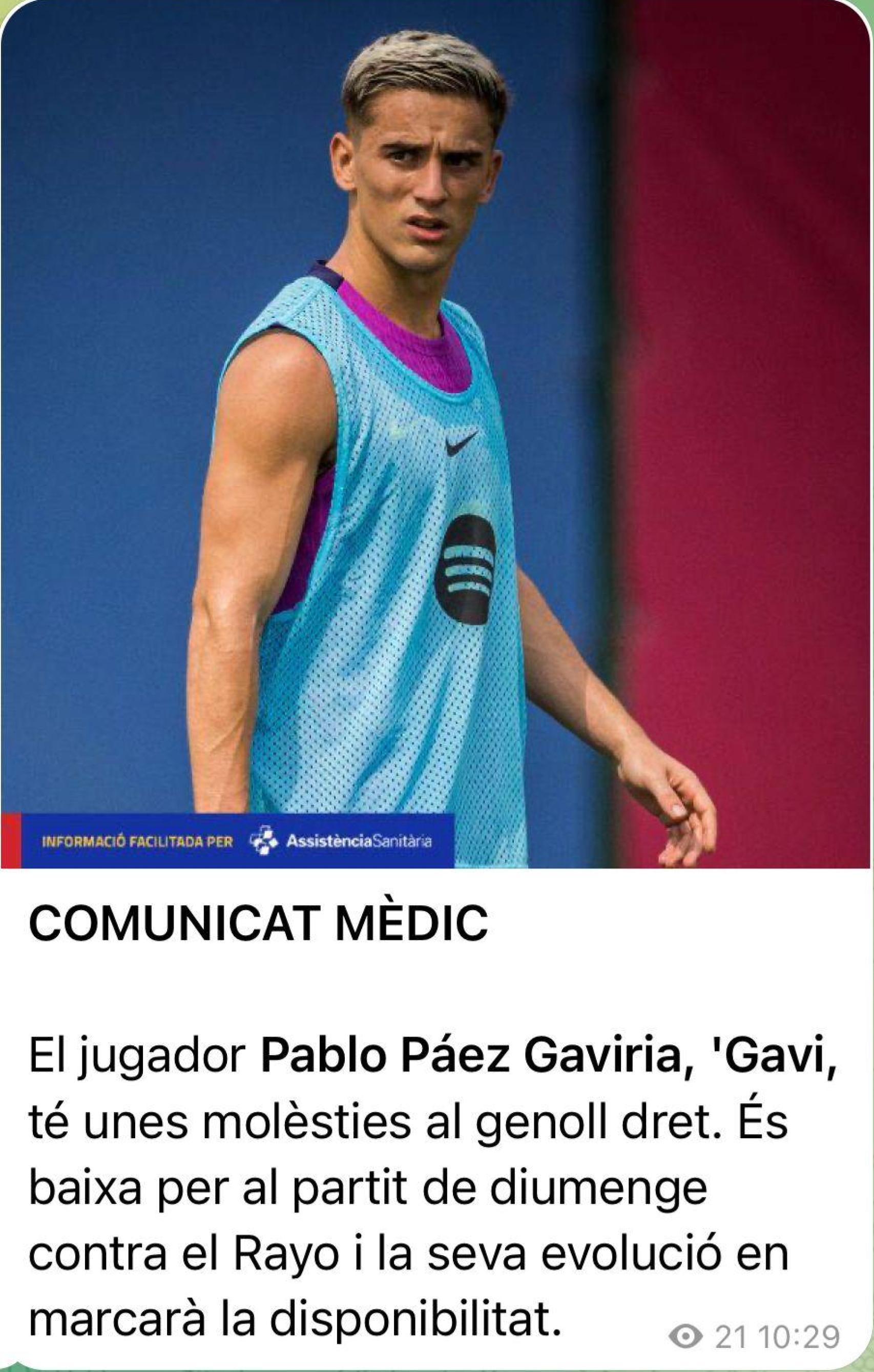 El comunicado del Barça sobre la lesión de Gavi, antes del partido contra el Rayo