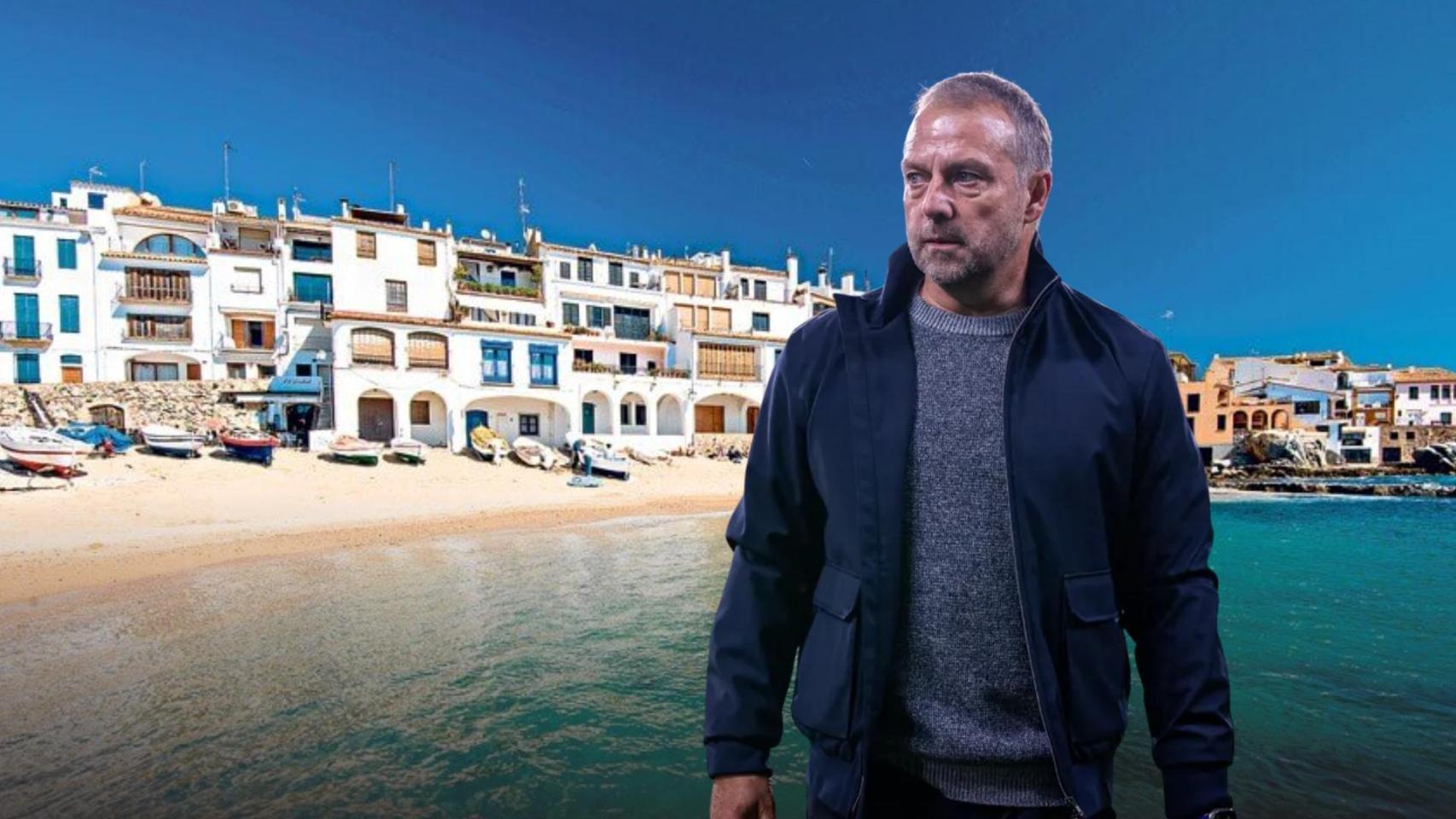 Hansi Flick con un pueblo de la Costa Brava de fondo en un fotomontaje