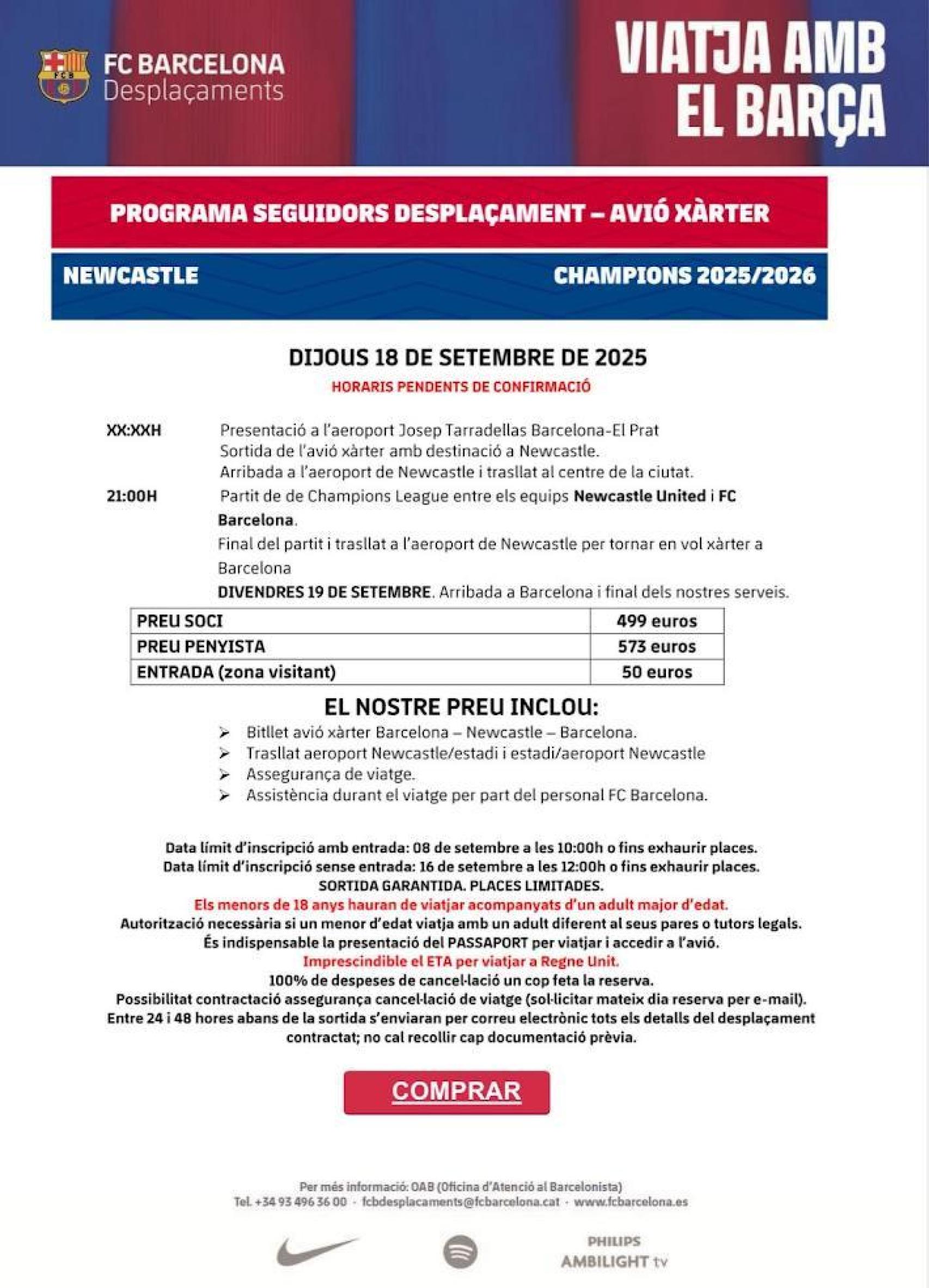 Los precios del Barça para viajar a Newcastle