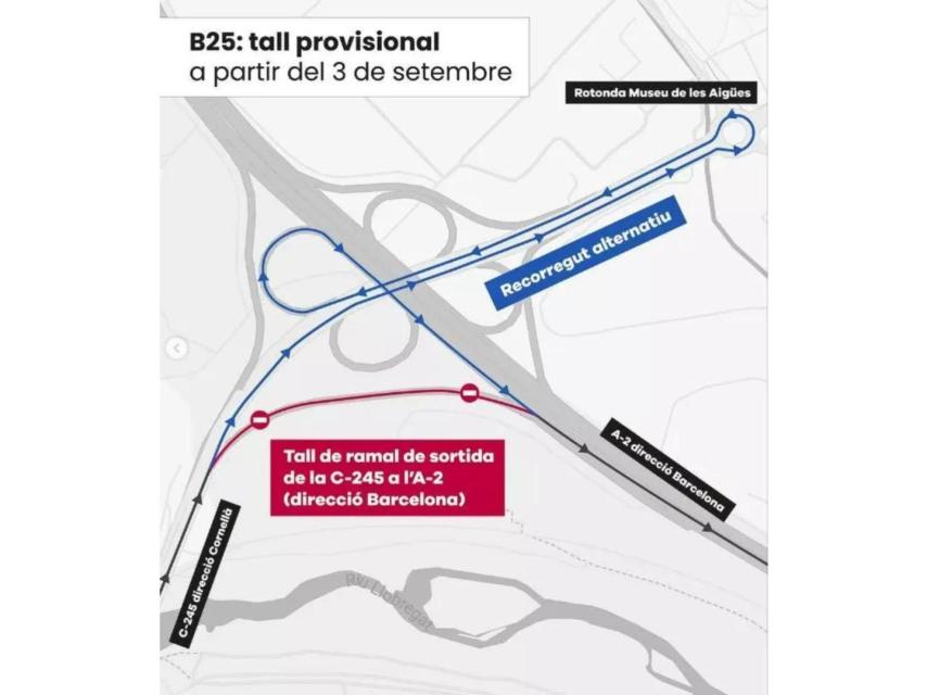 Mapa de las vías alternativas en Sant Boi a causa de las obras de la B-25