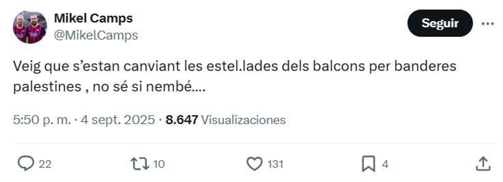 Miquel Camps desaprueba el apoyo a Palestina en los balcones de Catalunya