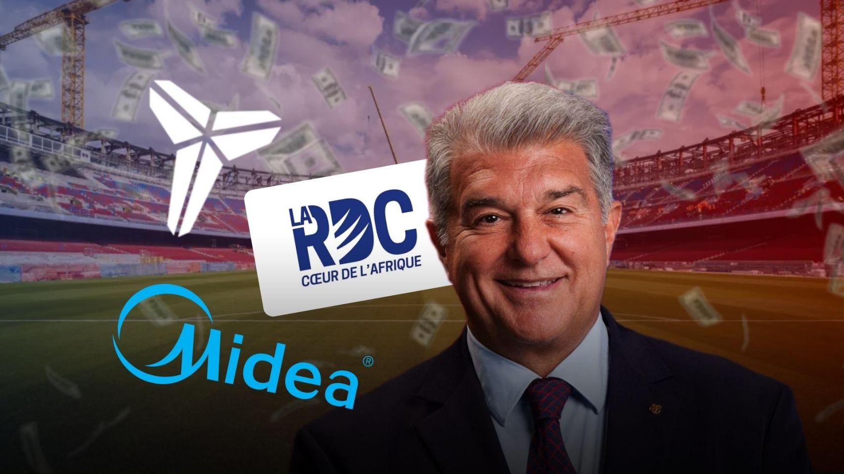 Joan Laporta y los logos de Midea, Kobe Bryant y la República Democrática del Congo en un montaje