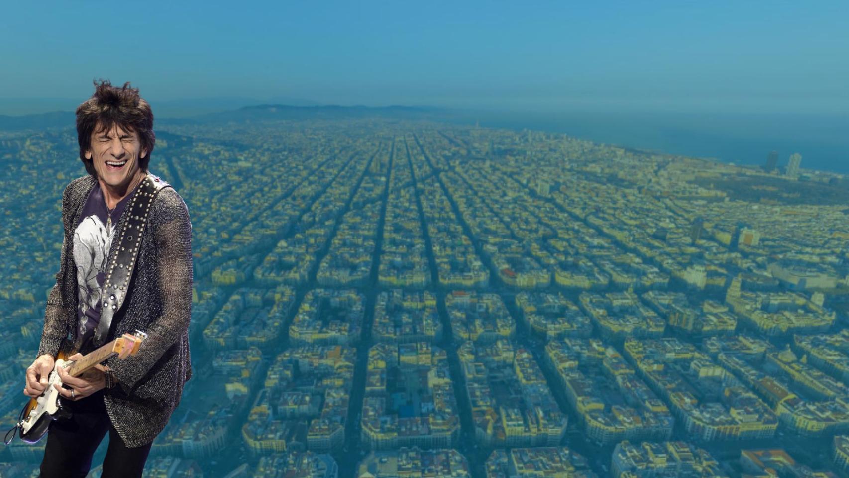 Ronnie Wood, guitarrista de los Rolling Stones sobre un fondo de Barcelona