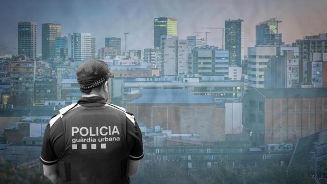 Fotomontaje con un agente de la Guardia Urbana de L'Hospitalet y la ciudad de fondo