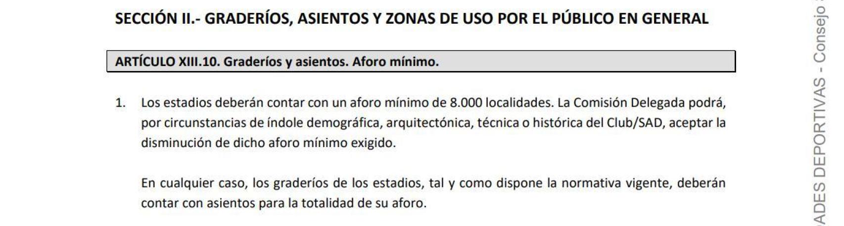ARTÍCULO XIII.10. Graderíos y asientos. Aforo mínimo. Estatutos Sociales de la Liga Nacional de Fútbol Profesional.