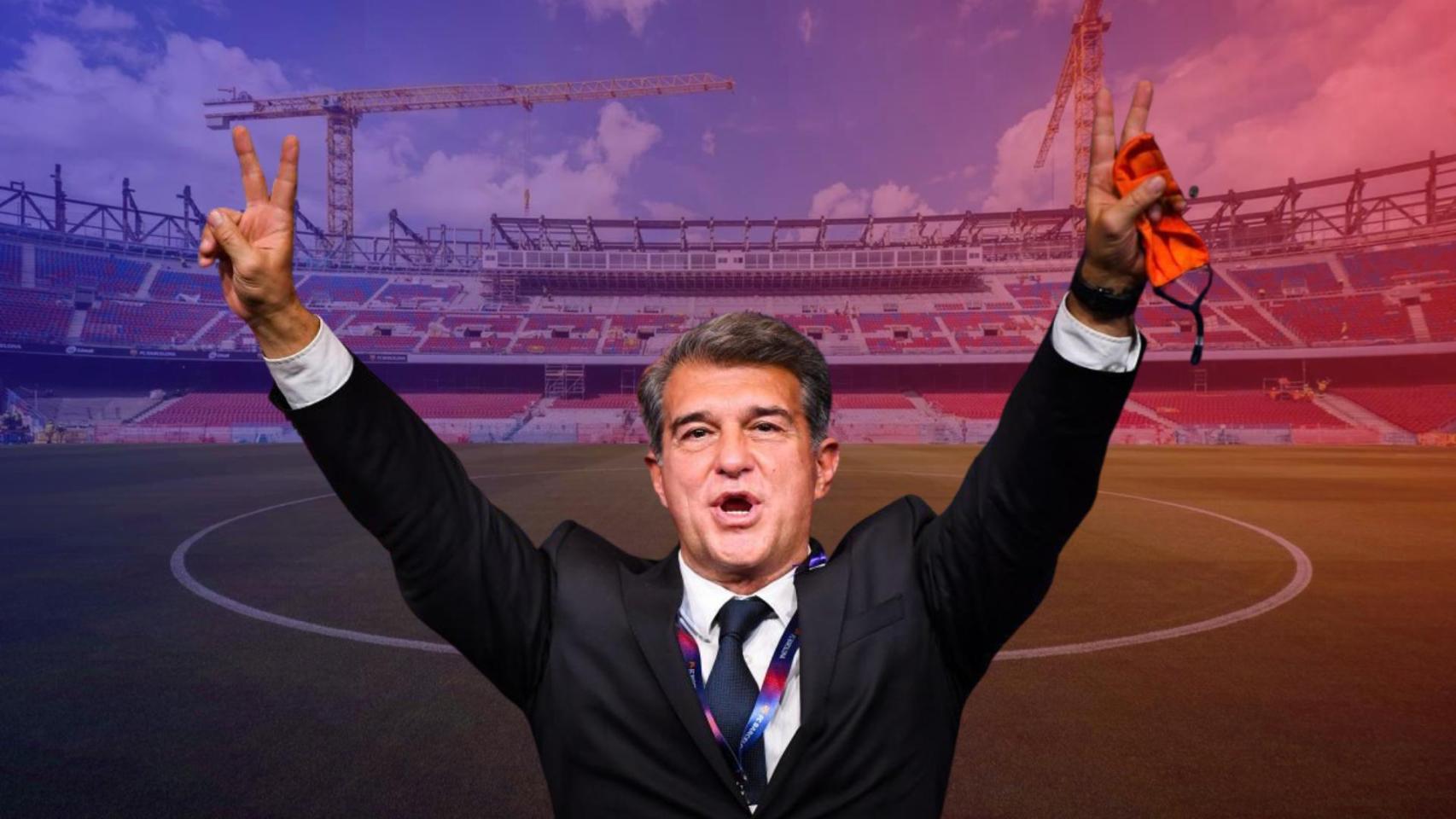 El presidente del Barça, Joan Laporta, en un montaje con las obras del Camp Nou de fondo