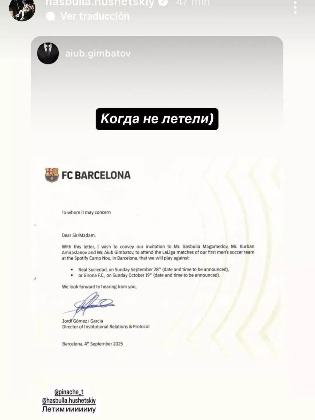 La publicación de Hasbullah sobre la invitación del FC Barcelona