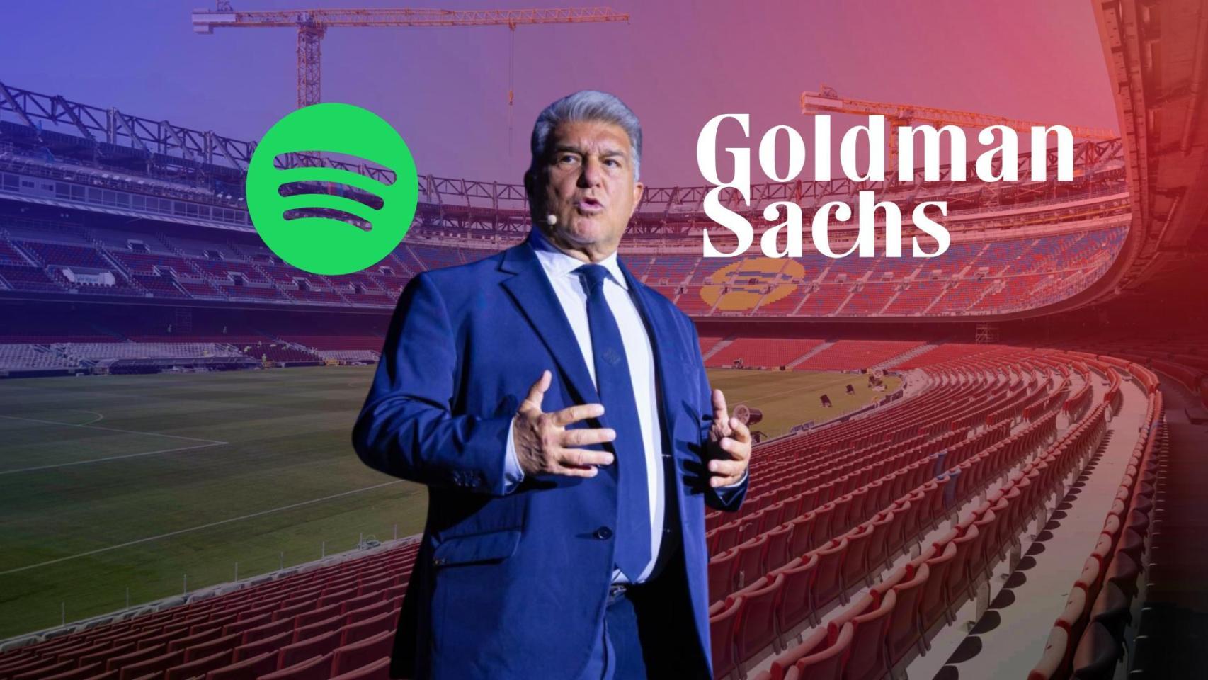 El presidente del Barça, Joan Laporta, en un montaje con los logotipos de Spotify y Goldman Sachs, y el Camp Nou de fondo