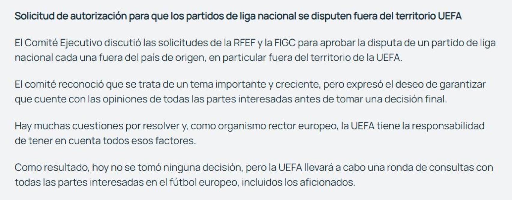 El comunicado de la UEFA en relación a la solicitud de la RFEF para disputar el Villarreal-Barça de la Liga en Miami