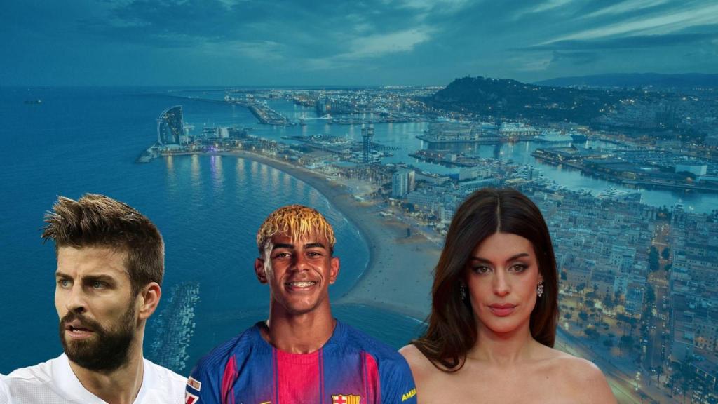 Montaje de Piqué, Lamine Yamal y Dulecida con Barcelona de fondo