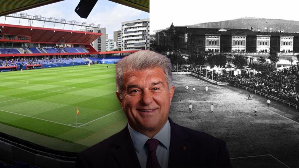Joan Laporta y las fotografías del Estadi Johan Cruyff y el Campo de la calle Industria en un montaje