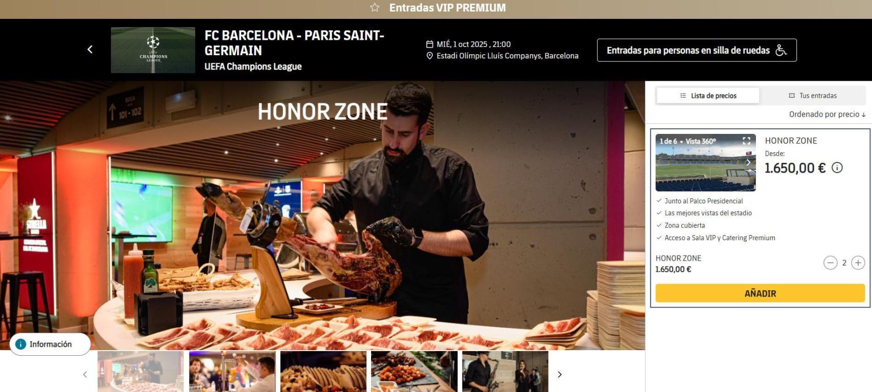 Precio de la entrada Vip Honor Zone del Barça-PSG en Montjuïc