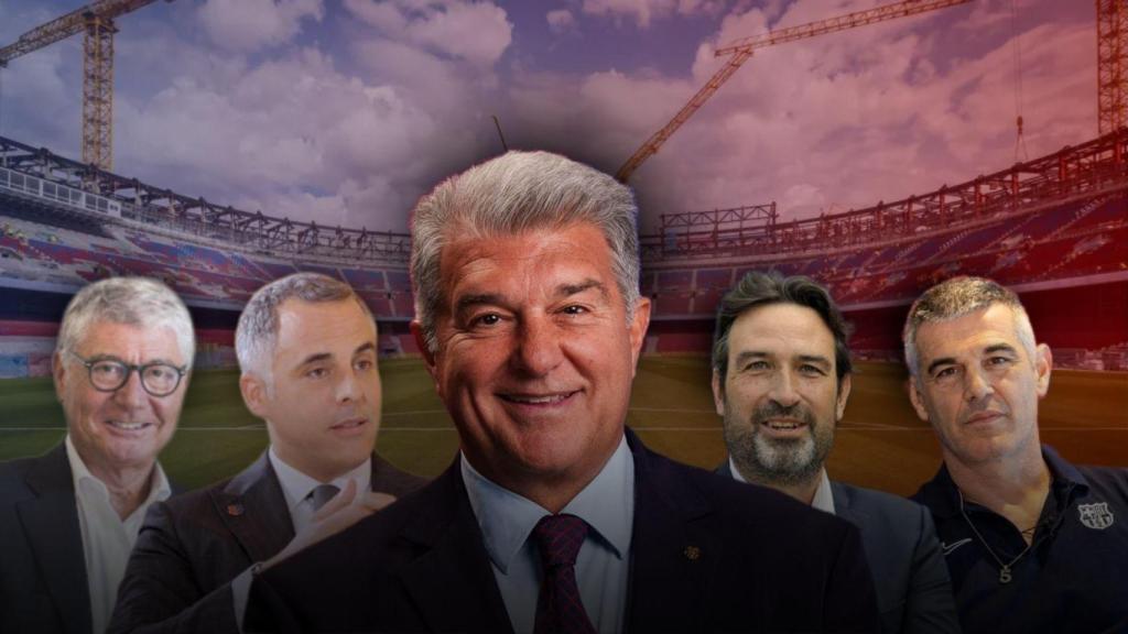 Gabriel Martínez, Manel del Río, Joan Laporta, Jordi Finestres y Enric Masip en un montaje