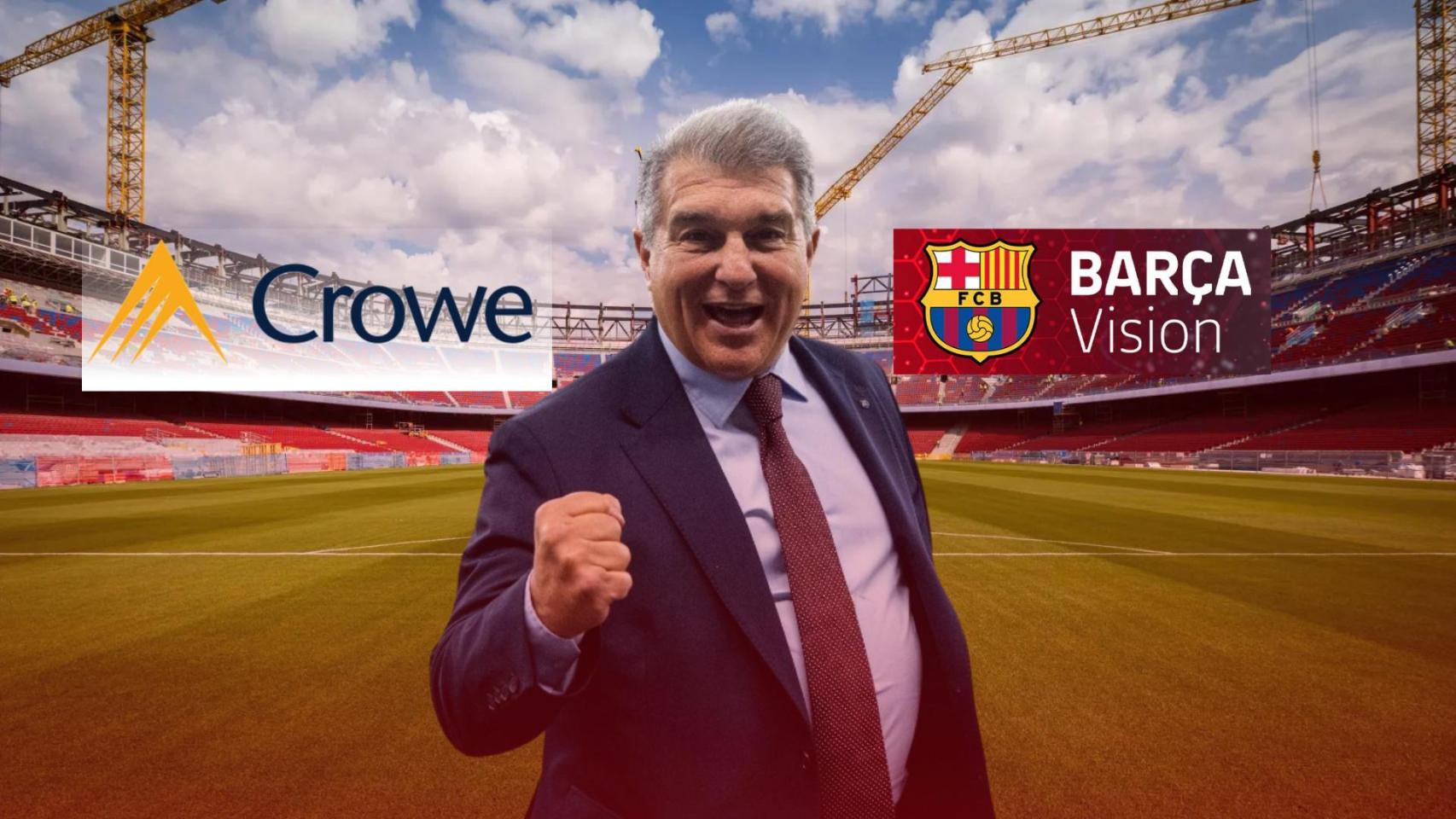 Joan Laporta, en un montaje con los logotipos de Crowe y Barça Vision, y el nuevo Camp Nou de fondo