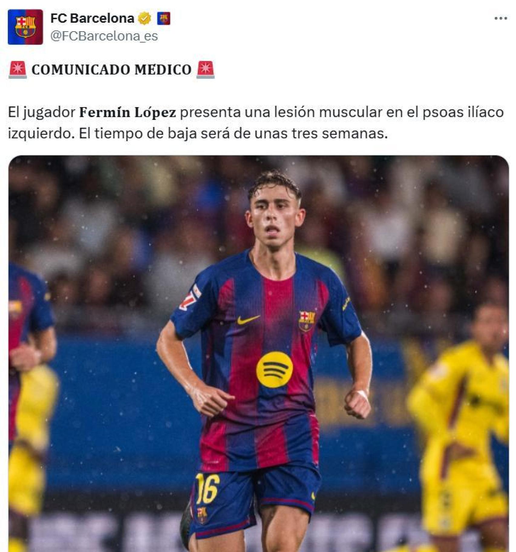 El Barça comunica la lesión de Fermín López en el psoas ilíaco tras el partido contra el Getafe CF