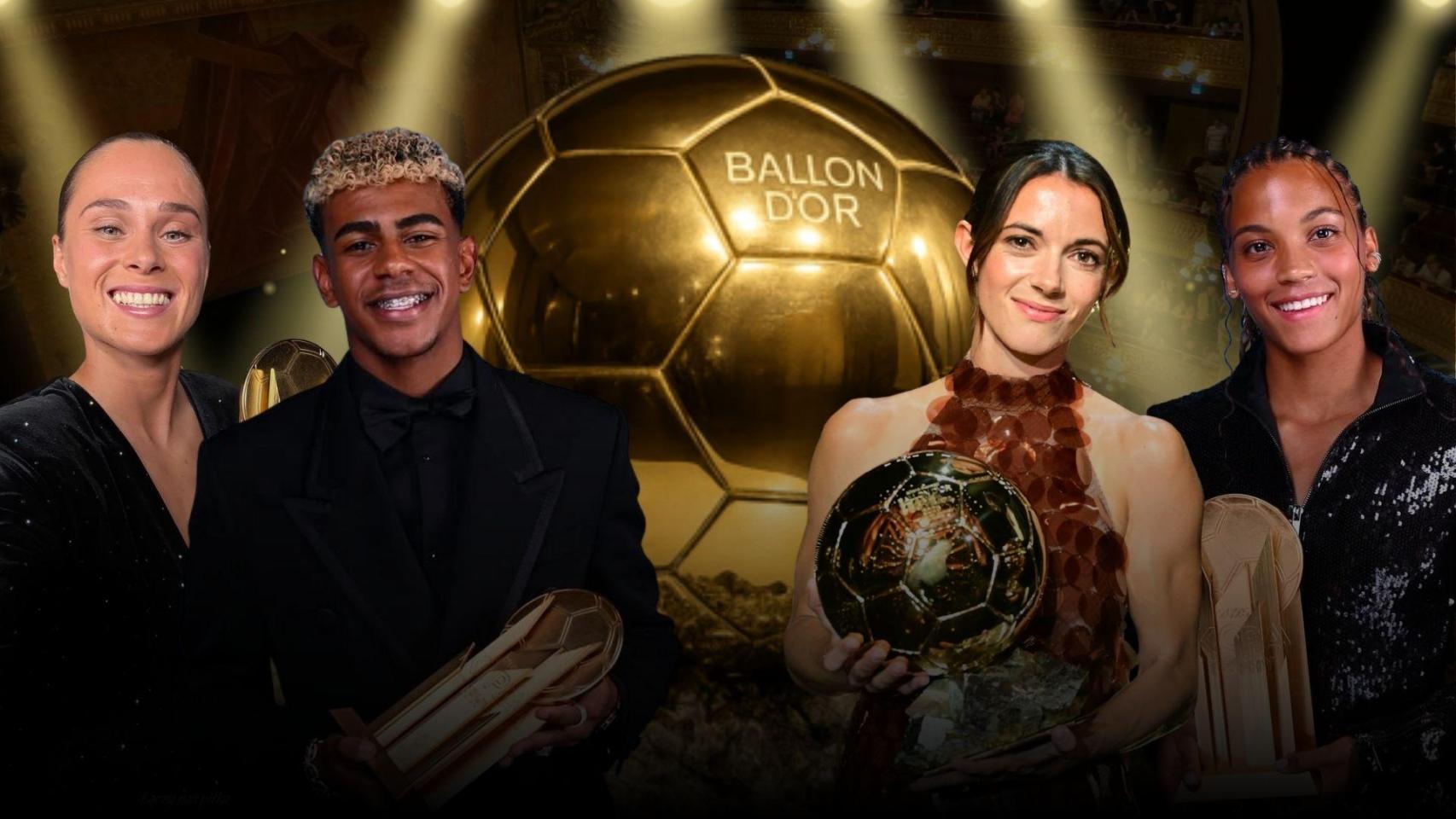 Ewa Pajor, Lamine Yamal, Aitana Bonmatí y Vicky López en un montaje