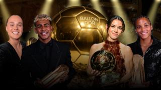 Ewa Pajor, Lamine Yamal, Aitana Bonmatí y Vicky López en un montaje