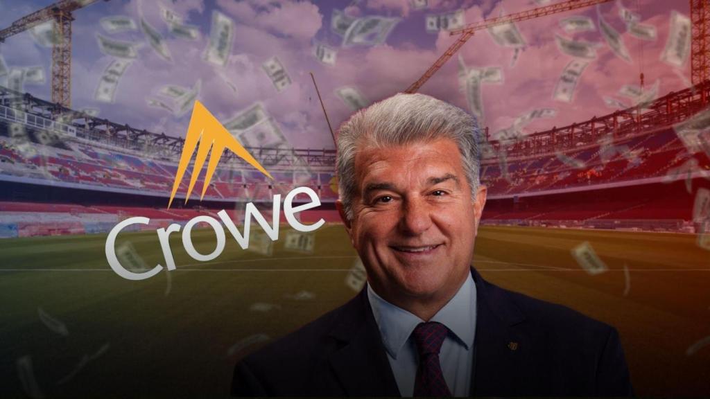 Joan Laporta y el logo de Crowe Global en un montaje