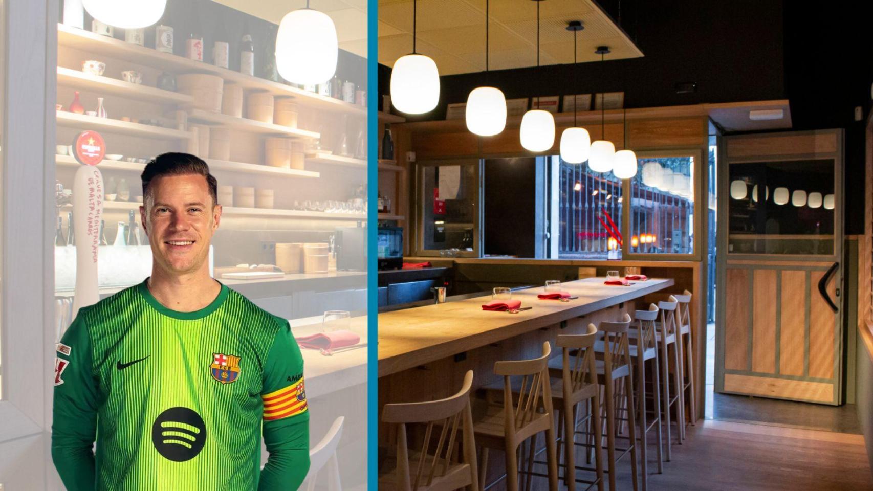 Fotomontaje de Ter Stegen con el restaurante Dos Palillos