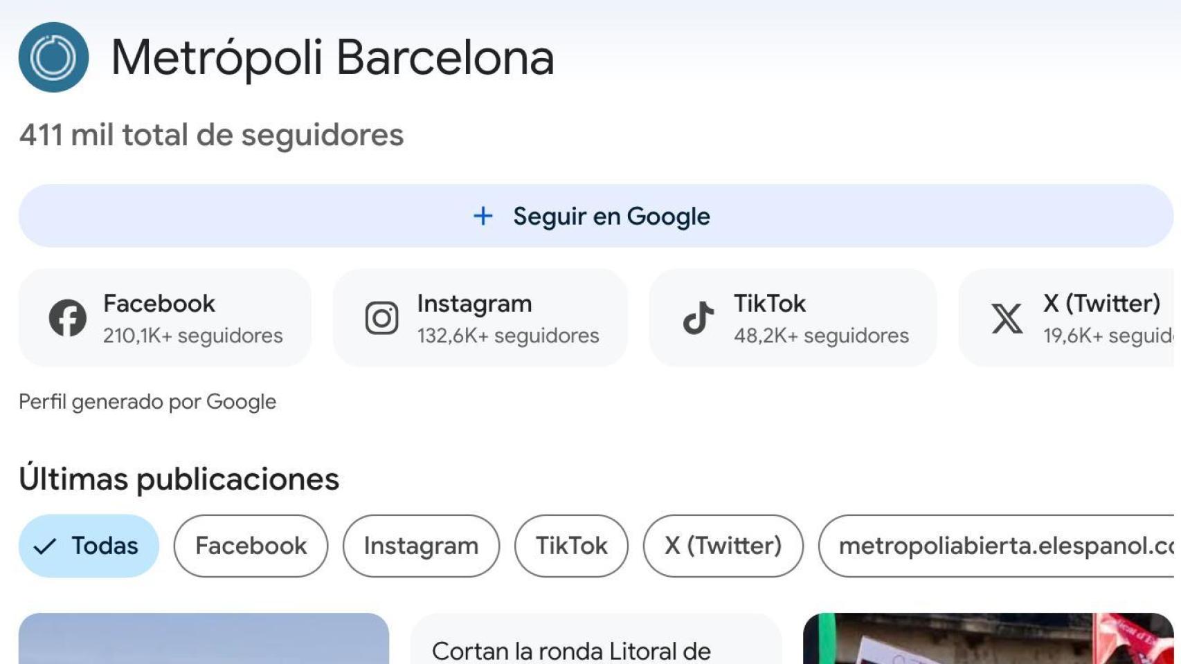 El perfil de Metrópoli en Google Discover