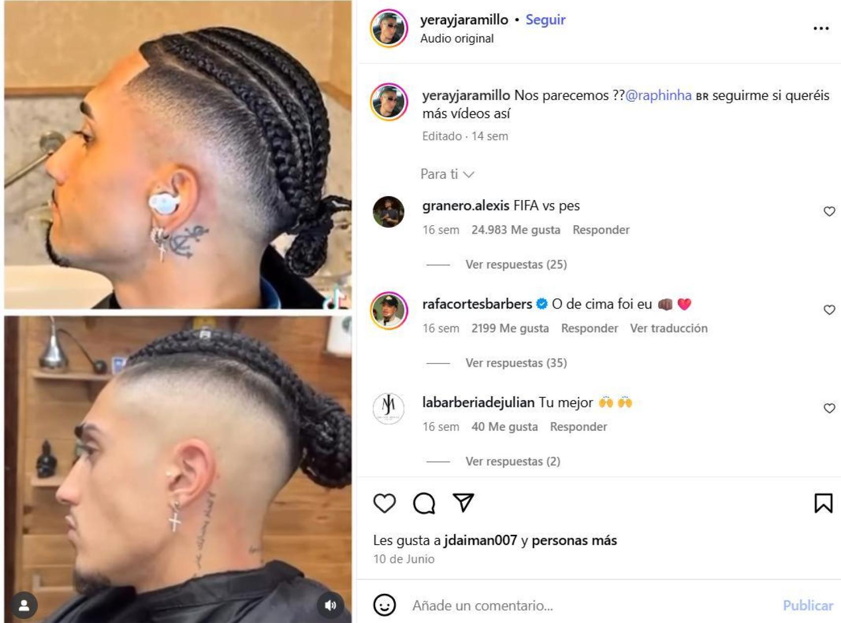 Yeray Jaramillo (abajo) imita la apariencia de su ídolo Raphinha (arriba)