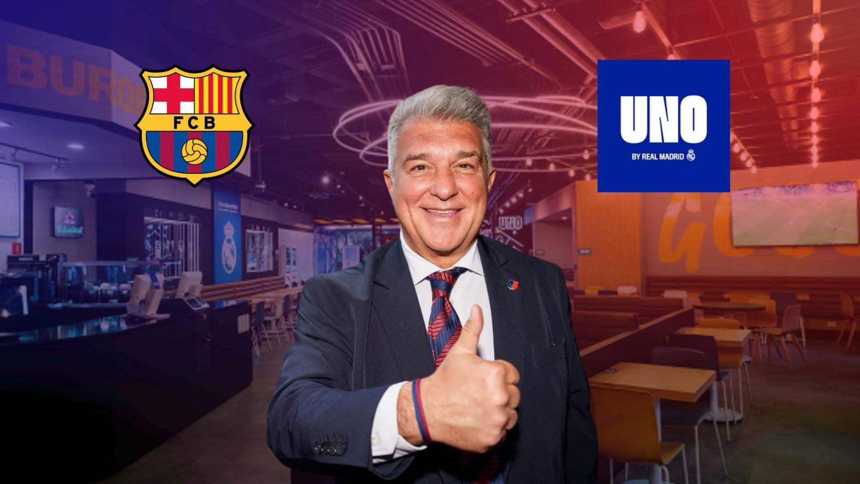 Joan Laporta, en un foto montaje con el escudo del Barça y un restaurante 'UNO by Real Madrid' de fondo