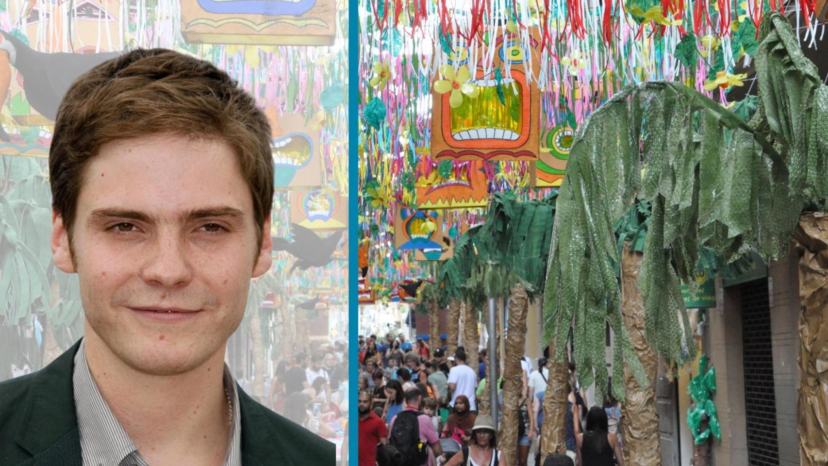 Montaje de Daniel Brühl y una calle de Gràcia en Barcelona