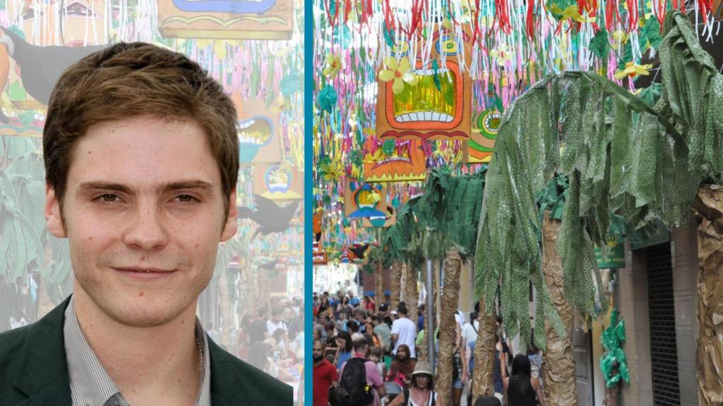 Montaje de Daniel Brühl y una calle de Gràcia en Barcelona