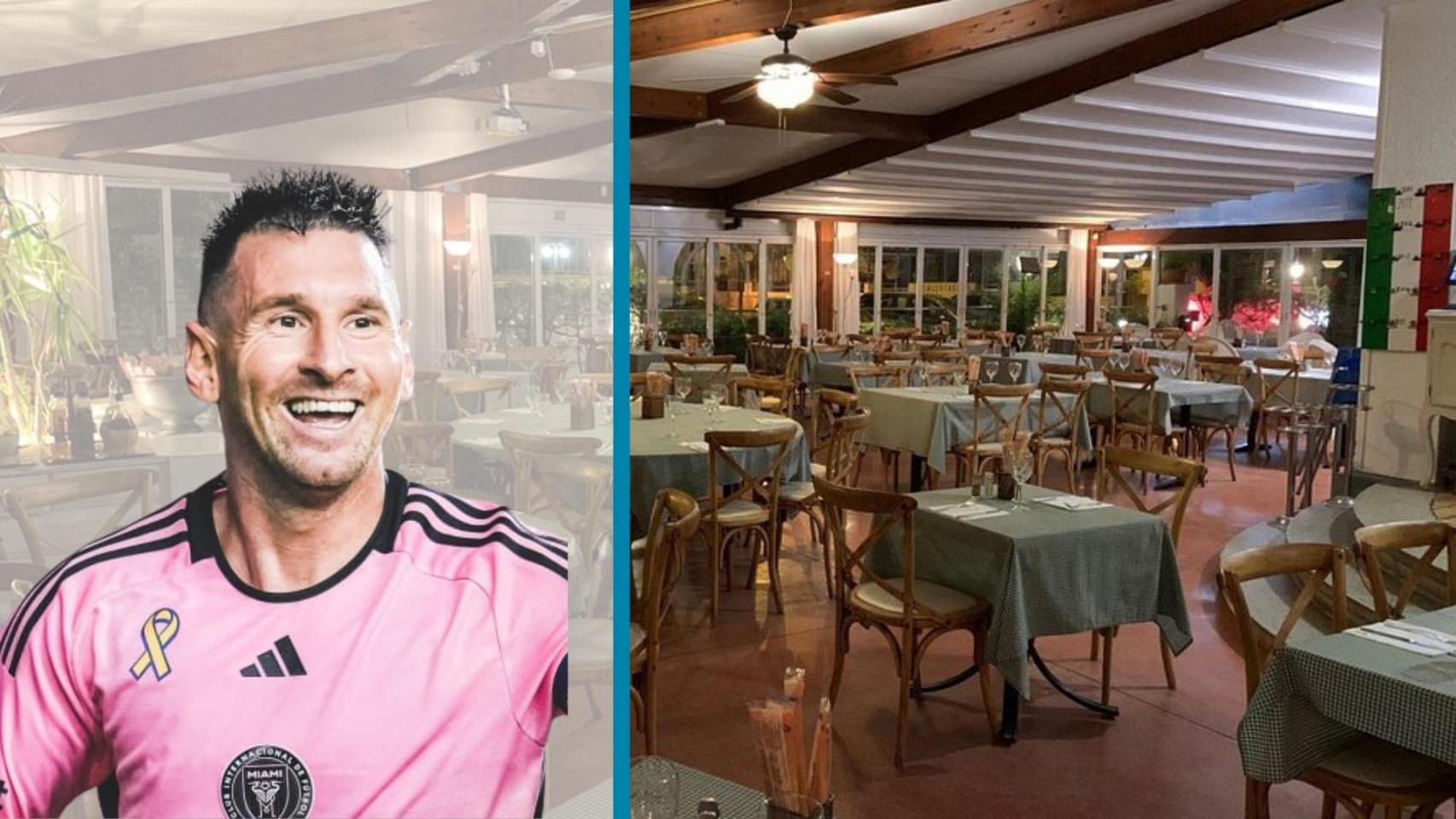 Montaje de Leo Messi y el restaurante Pizzería Casanova de Castelldefels