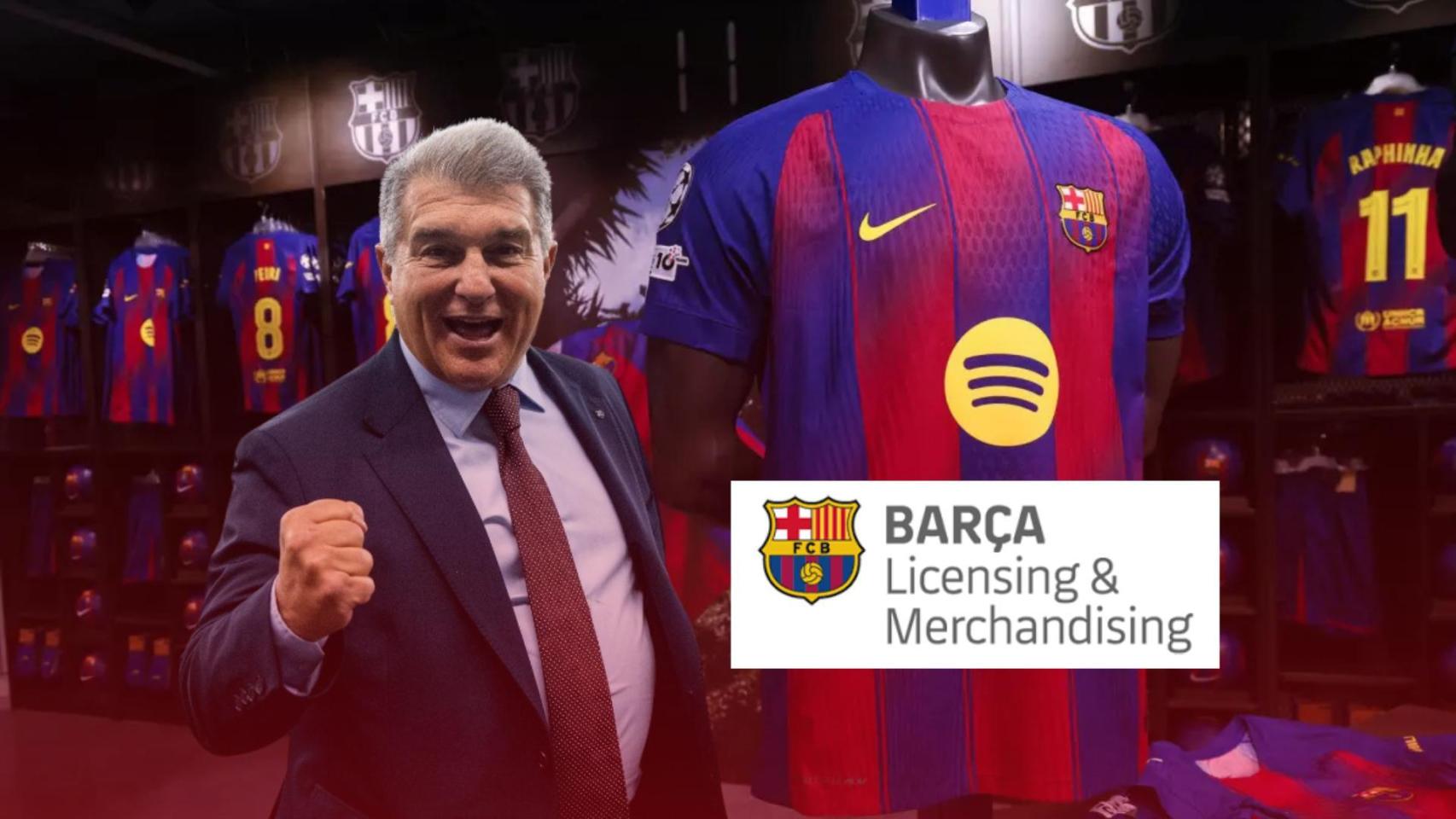 El presidente del Barça, Joan Laporta, en un fotomontaje con el logotipo de BLM y la nueva camiseta de la temporada 2025-26