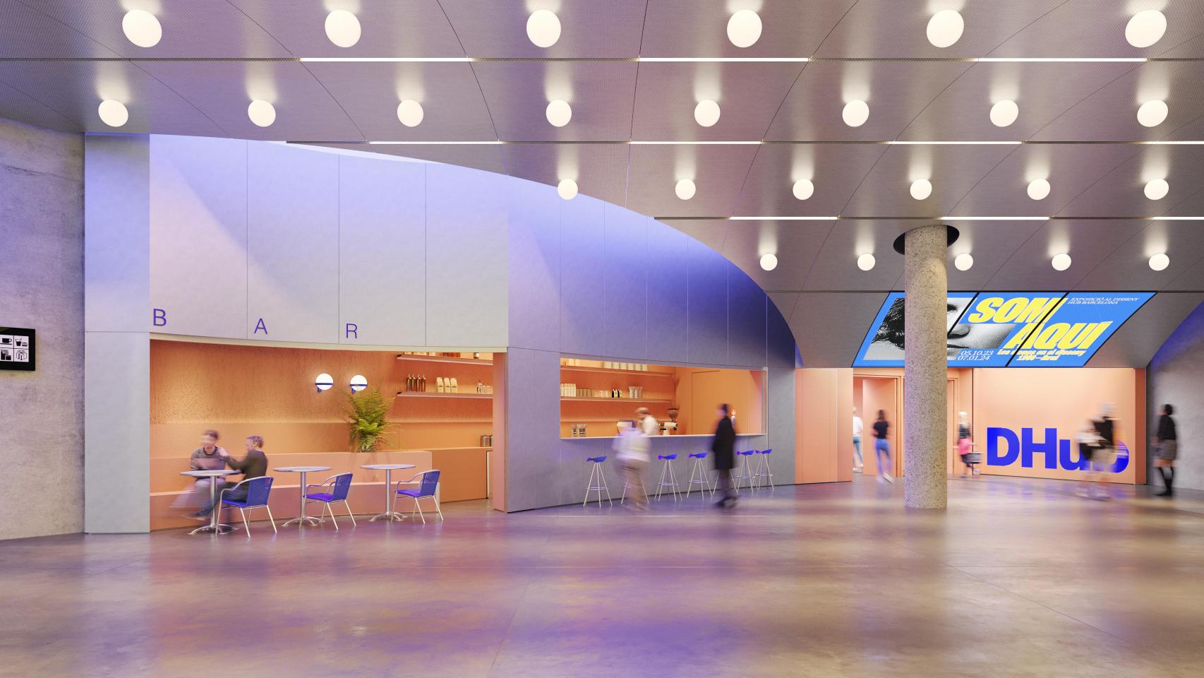 Render del vestíbulo que unirá el DHub con la estación de Glòries de Barcelona