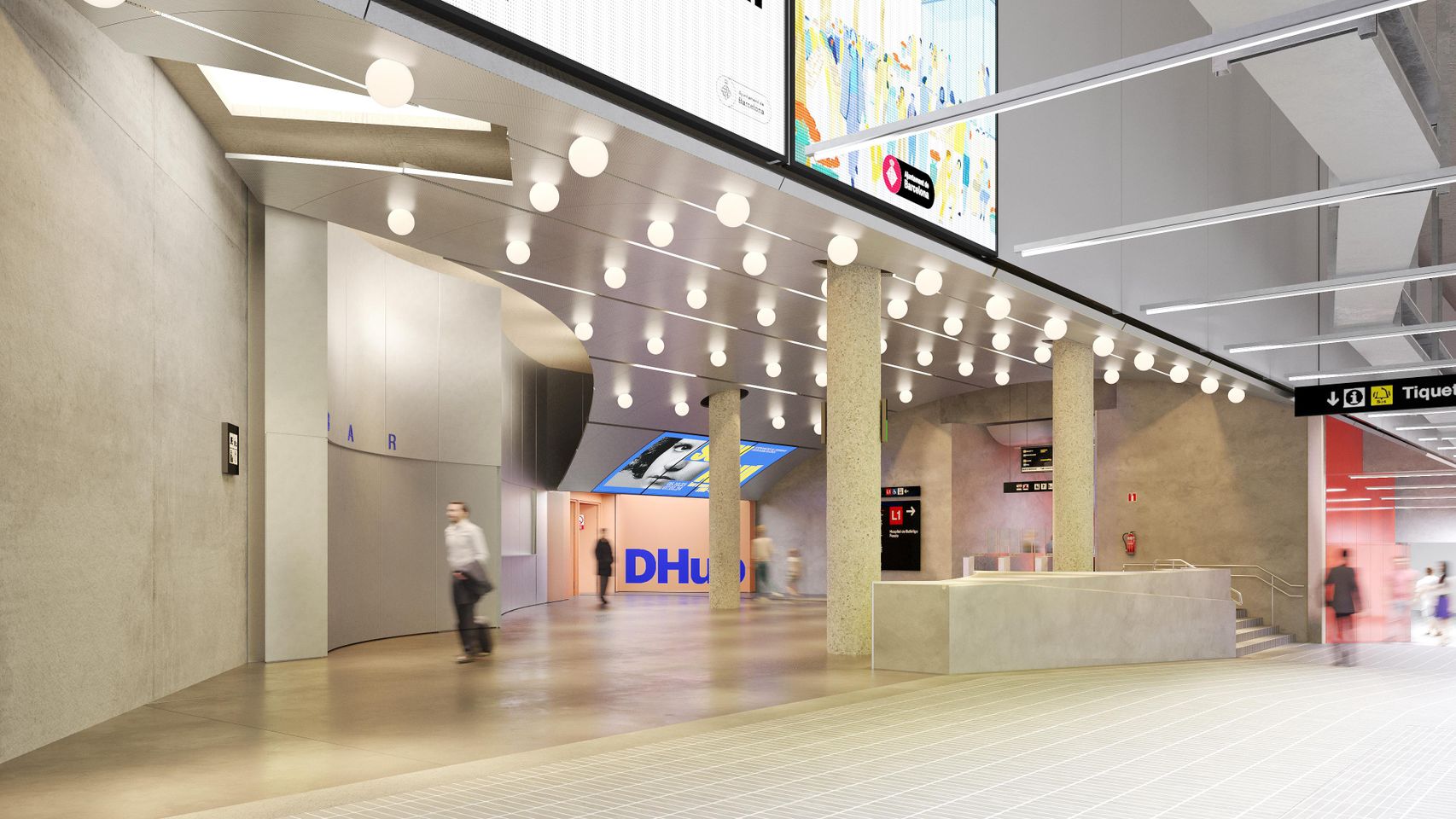 Render del vestíbulo que unirá el DHub con la estación de Glòries de Barcelona