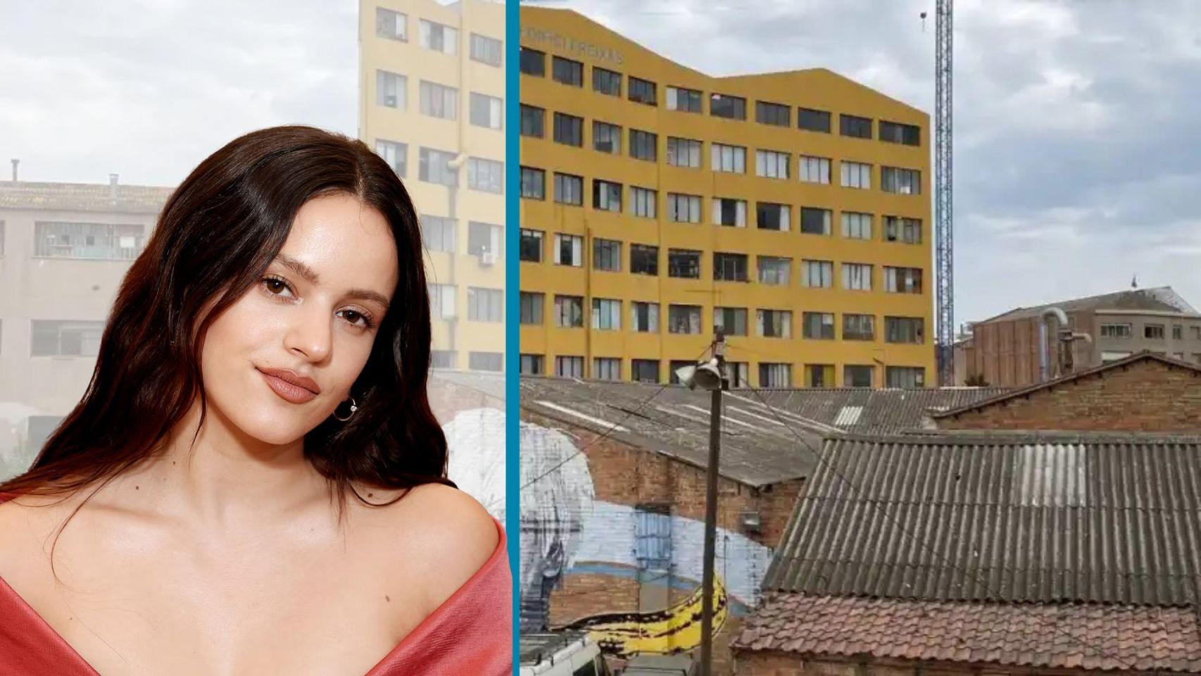 Montaje de Rosalía con su fundación de fondo