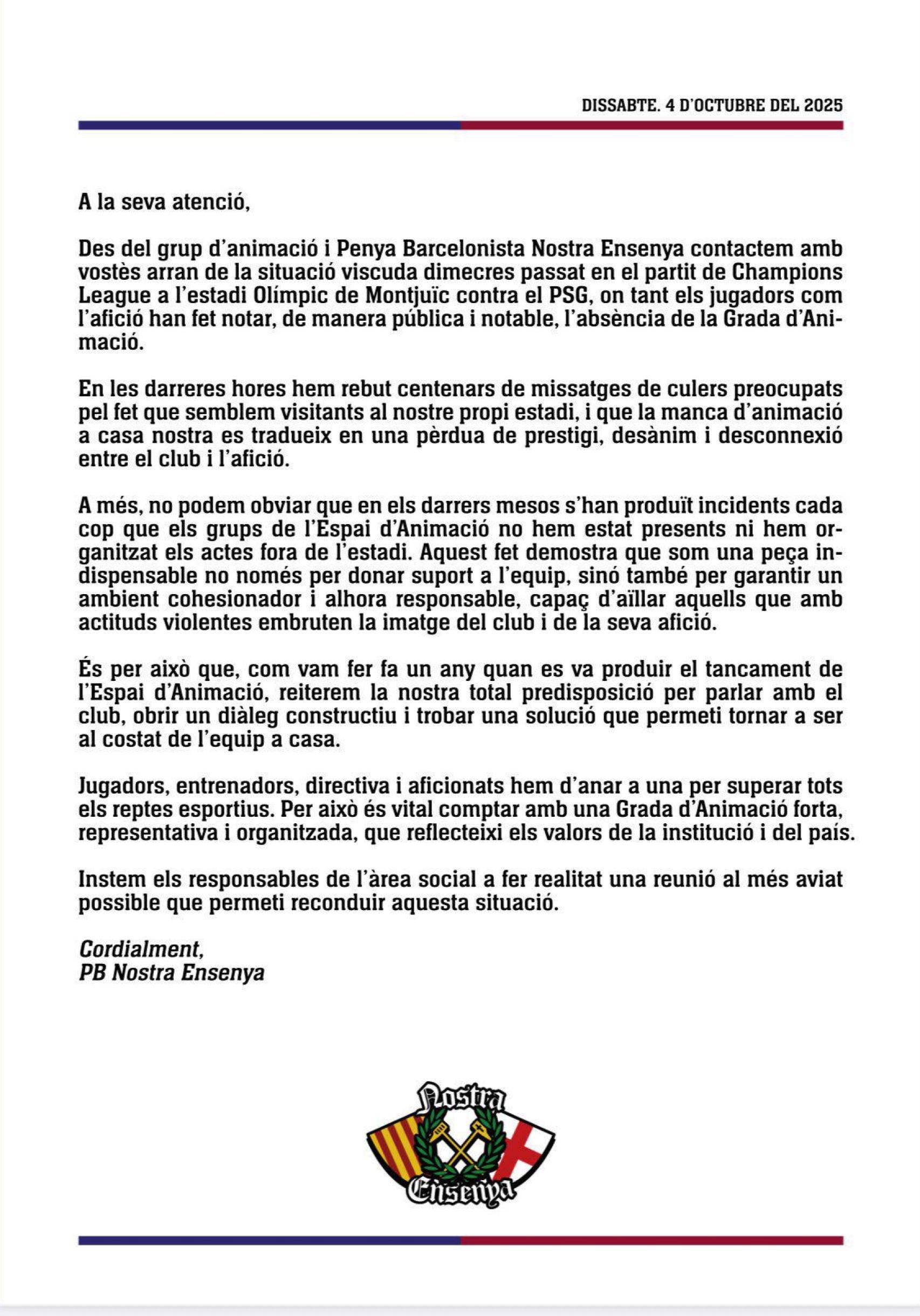 Carta de Nostra Ensenya al Barça tras la derrota ante el PSG
