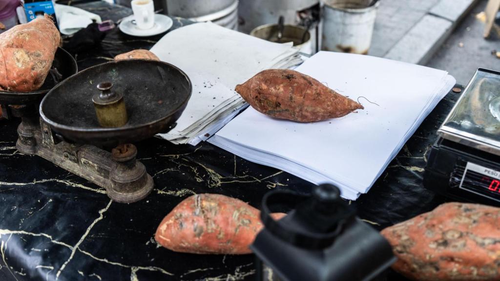 Benja, el 'castanyer' de Badalona, amb els seus moniatos