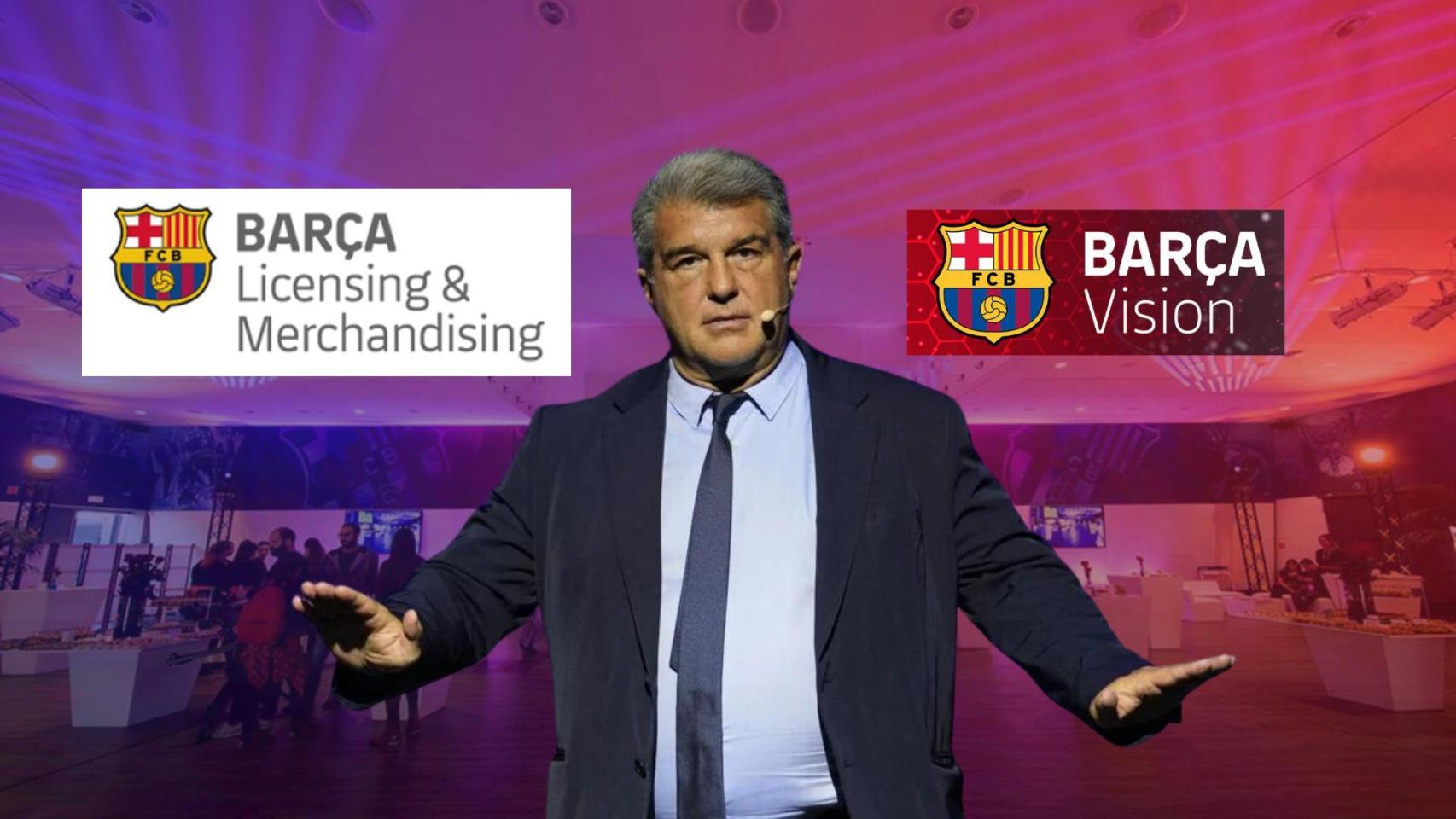 Joan Laporta, en un fotomontaje con los logotipos de BLM y Barça Vision, y el Auditori 1899 de fondo