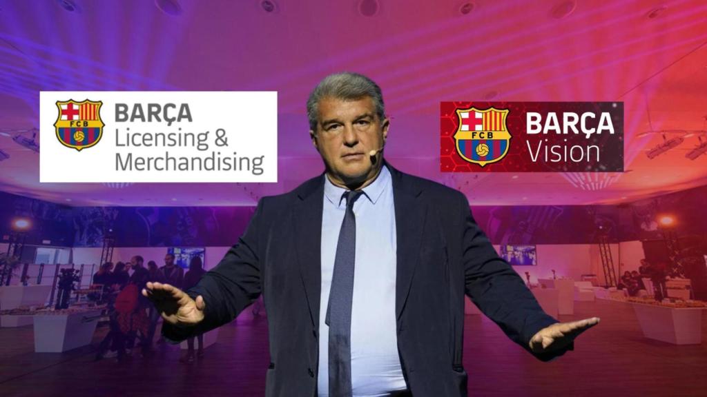 Joan Laporta, en un fotomontaje con los logotipos de BLM y Barça Vision, y el Auditori 1899 de fondo