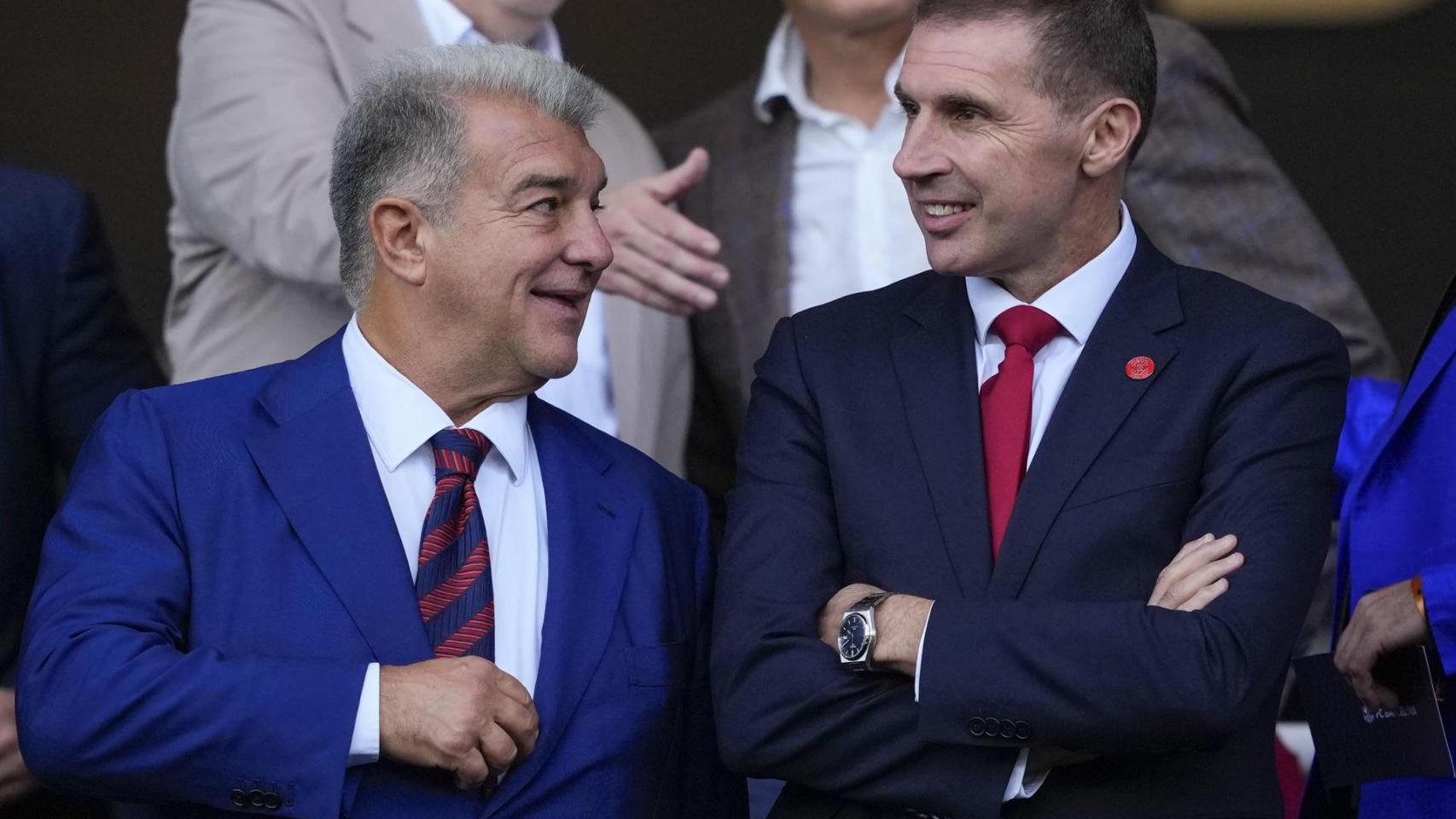 Joan Laporta y Delfí Geli, presidente del Barça y del Girona, en el palco del Lluís Companys