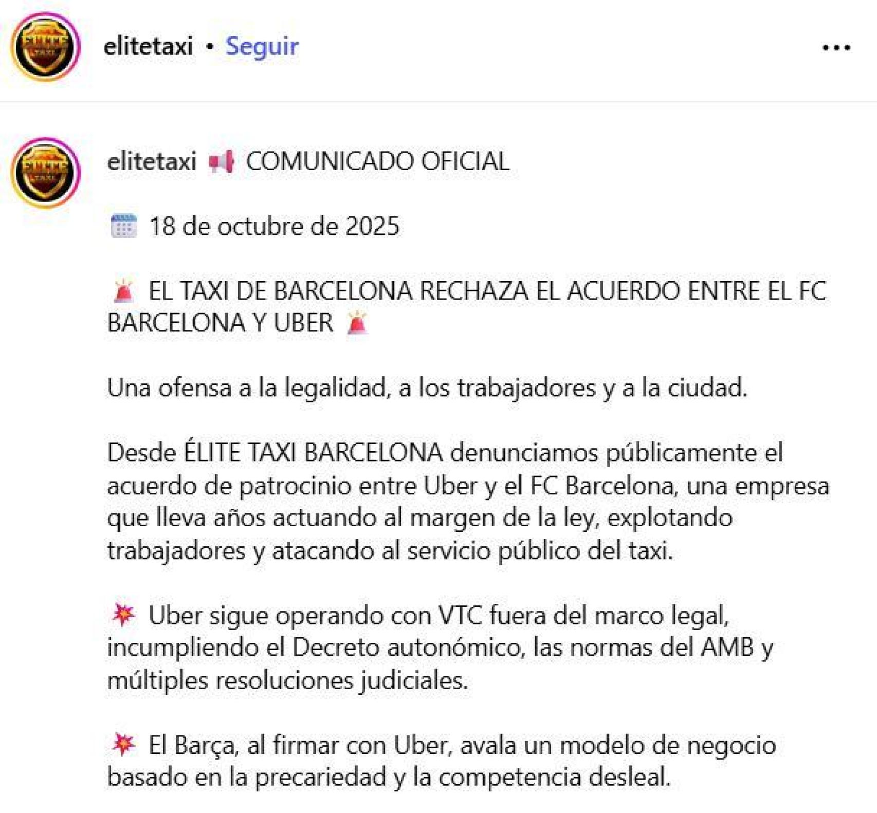 Élite Taxi convoca una manifestación y un parón de los taxistas contra el acuerdo de patrocinio entre Uber y el Barça
