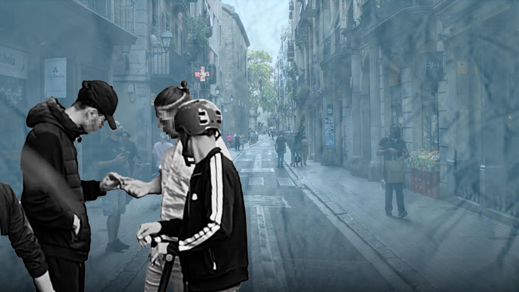 Fotomontaje con los traficantes de pastillas en una calle del Raval