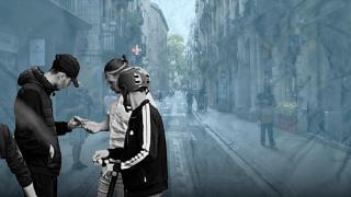 Fotomontaje con los traficantes de pastillas en una calle del Raval